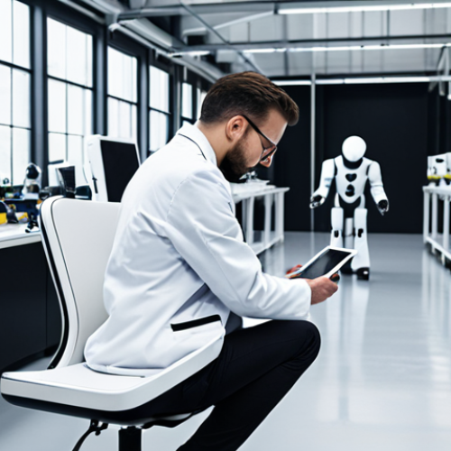 Home 14 **
A sleek, modern factory floor. Robots are assembling a stylish, minimalist chair. An industrial designer in a lab coat is observing the process on a tablet, checking for quality and efficiency. The scene emphasizes mass production, precision, and a blend of aesthetics and engineering.
**