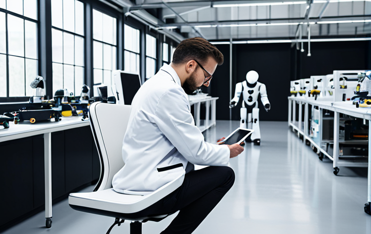 **

A sleek, modern factory floor. Robots are assembling a stylish, minimalist chair. An industrial designer in a lab coat is observing the process on a tablet, checking for quality and efficiency. The scene emphasizes mass production, precision, and a blend of aesthetics and engineering.

**