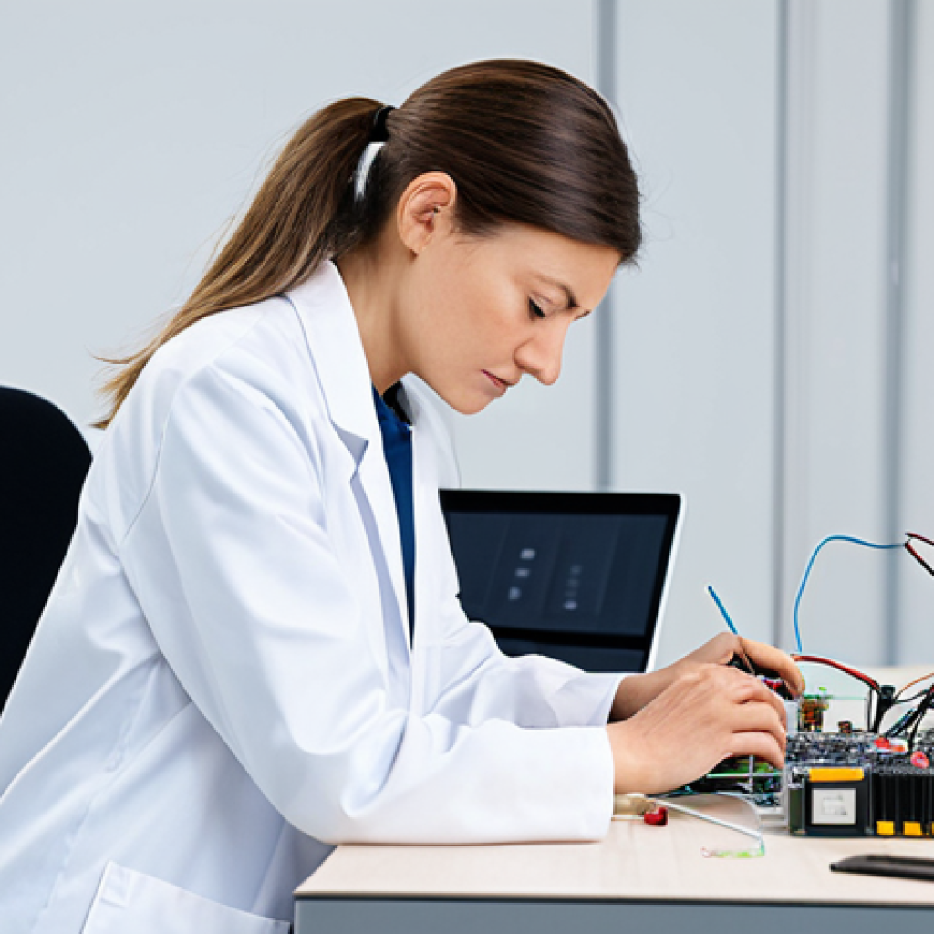 A professional female product designer in a modest lab coat, meticulously examining a modular, disassembled electronic device on a clean, well-lit workbench in a modern design studio. The workspace is organized with schematics and sustainable material samples visible in the background, conveying innovation in circular economy principles. Her pose is natural and focused, highlighting well-formed hands engaged in technical work. This image is safe for work, appropriate content, fully clothed, professional, perfect anatomy, correct proportions, natural pose, well-formed hands, proper finger count, natural body proportions, high quality, studio lighting.