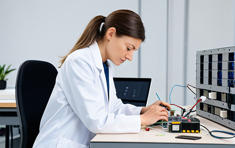 A professional female product designer in a modest lab coat, meticulously examining a modular, disassembled electronic device on a clean, well-lit workbench in a modern design studio. The workspace is organized with schematics and sustainable material samples visible in the background, conveying innovation in circular economy principles. Her pose is natural and focused, highlighting well-formed hands engaged in technical work. This image is safe for work, appropriate content, fully clothed, professional, perfect anatomy, correct proportions, natural pose, well-formed hands, proper finger count, natural body proportions, high quality, studio lighting.