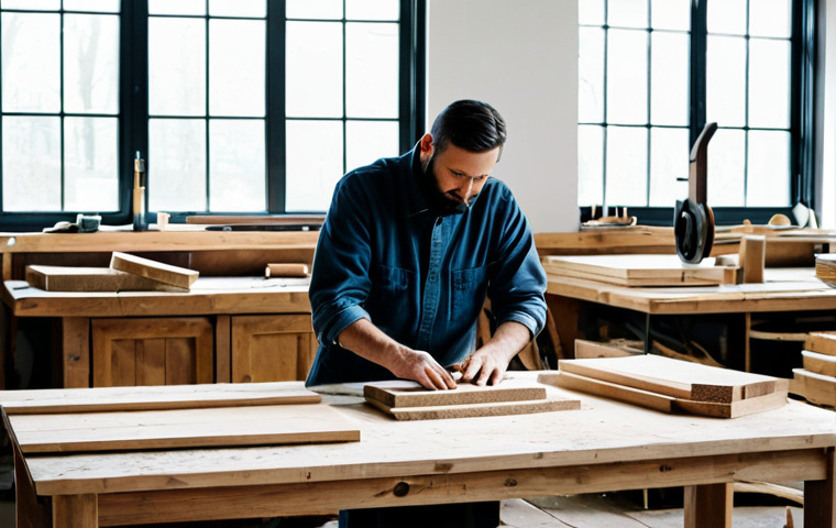 Reclaimed Wood Furniture Workshop**
"A bright and airy workshop filled with handcrafted furniture made from reclaimed wood. Artisans are working diligently, sanding and assembling unique pieces. Large windows let in natural light. In the background are stacks of weathered wood with visible character and history. safe for work, appropriate content, fully clothed, professional, perfect anatomy, natural proportions, high quality, modest clothing, well-formed hands."
**