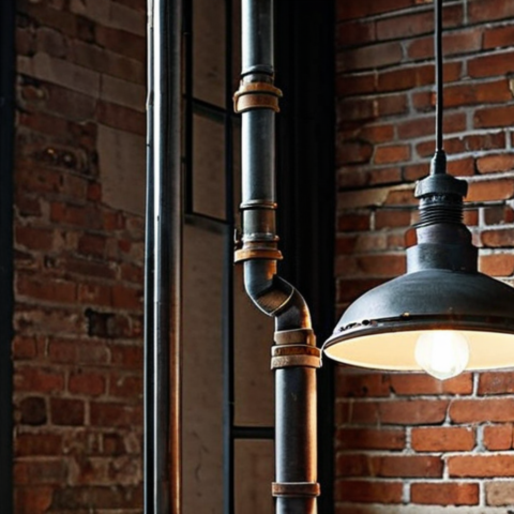 Upcycled Industrial Lighting**
"A beautifully designed pendant lamp made from reclaimed industrial metal gears and pipes, showcasing the patina and unique textures of the repurposed materials. The lamp hangs in a modern, minimalist loft apartment with exposed brick walls. Fully clothed subject admiring the lamp, appropriate attire. Safe for work, professional photography, perfect anatomy, correct proportions, natural pose, high quality."
**