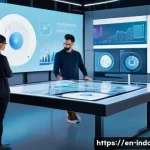 공업디자인과 AI 기술 - A modern industrial design studio scene showing a diverse team of designers collaborating around a l...