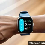 공업디자인과 스마트 웨어러블 디자인 - A futuristic wearable device showcasing a sleek, flexible OLED touchscreen wrapped comfortably aroun...