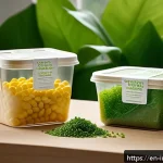 공업디자인과 탄소 배출 절감 디자인 - A modern eco-friendly packaging design scene showcasing biodegradable bioplastics made from algae an...