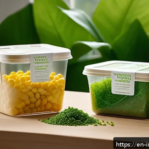 공업디자인과 탄소 배출 절감 디자인 - A modern eco-friendly packaging design scene showcasing biodegradable bioplastics made from algae an...