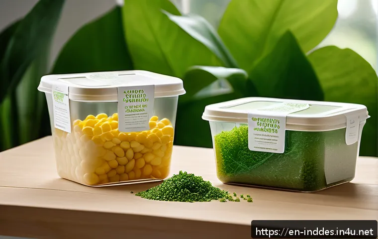 공업디자인과 탄소 배출 절감 디자인 - A modern eco-friendly packaging design scene showcasing biodegradable bioplastics made from algae an...