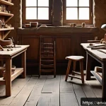 공업디자인 역사 - A detailed interior scene of a traditional artisan&rsquo;s workshop from the pre-industrial era, showcasin...
