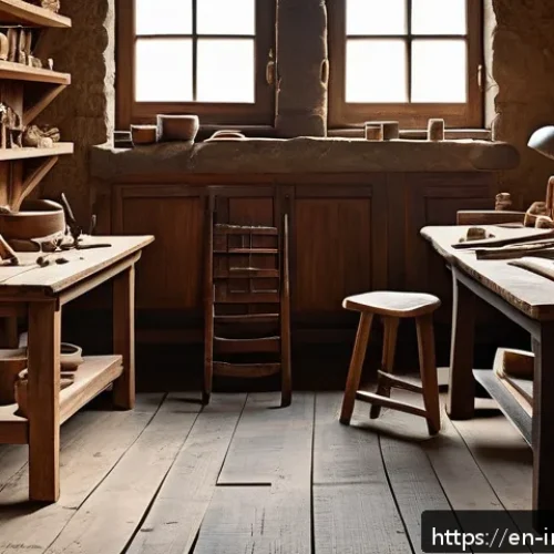 공업디자인 역사 - A detailed interior scene of a traditional artisan&rsquo;s workshop from the pre-industrial era, showcasin...