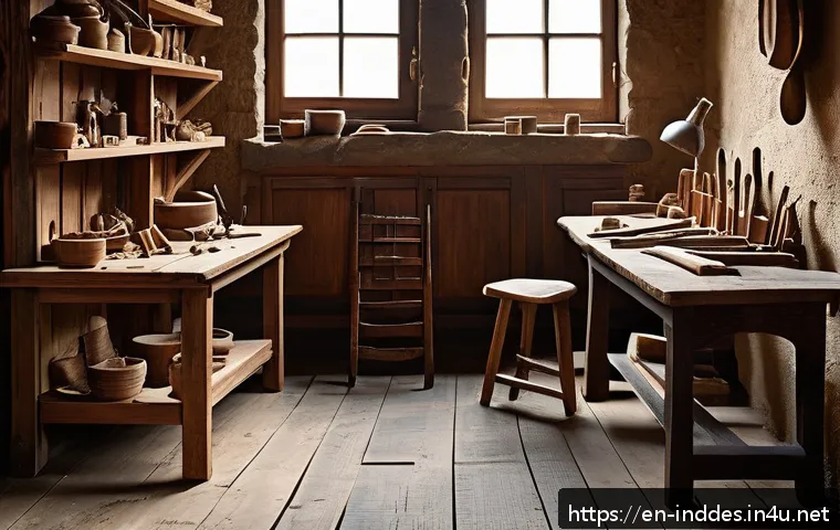 공업디자인 역사 - A detailed interior scene of a traditional artisan&rsquo;s workshop from the pre-industrial era, showcasin...