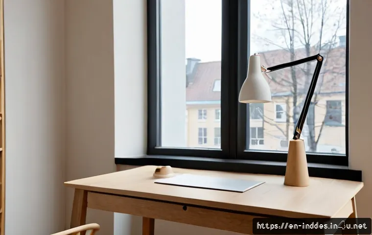 공업디자인과 북유럽 디자인 - Photorealistic Scandinavian industrial design studio, a minimalist pale oak desk displaying a sleek ...